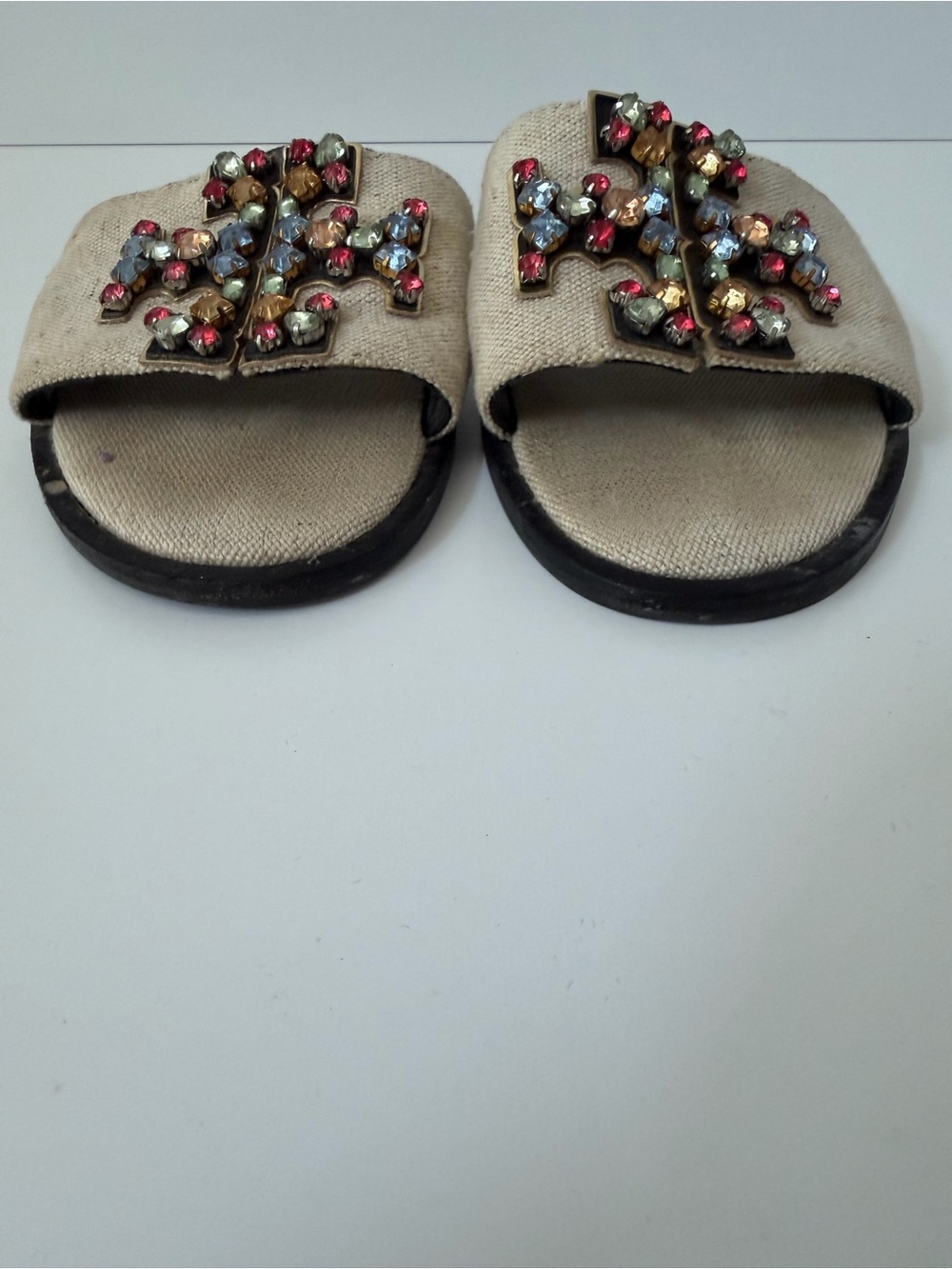 Tory Burch 10mm Ines Embellished Linen Slides in Neutral, Size 7 - Picture 5 of 9